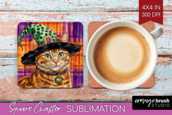 Halloween Cat Square Coaster - Witch Hat Coaster PNG Product Image 1