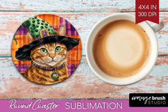 Halloween Cat Round Coaster - Witch Hat Coaster PNG Product Image 1