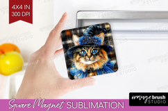 Halloween Cat Magnet Sublimation - Witch Hat Square Magnet Product Image 1