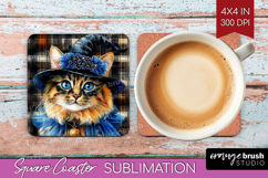 Halloween Cat Square Coaster - Witch Hat Coaster PNG Product Image 1