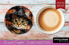 Halloween Cat Round Coaster - Witch Hat Coaster PNG Product Image 1