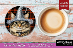 Halloween Cat Round Coaster - Witch Hat Coaster PNG Product Image 1