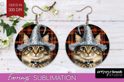 Halloween Cat Round Earrings - Witch Hat PNG Sublimation Product Image 1