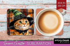 Halloween Cat Square Coaster - Witch Hat Coaster PNG Product Image 1