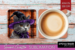 Halloween Cat Square Coaster - Witch Hat Coaster PNG Product Image 1