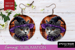 Halloween Cat Round Earrings - Witch Hat PNG Sublimation Product Image 1