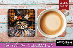 Halloween Cat Square Coaster - Witch Hat Coaster PNG Product Image 1