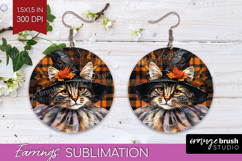 Halloween Cat Round Earrings - Witch Hat PNG Sublimation Product Image 1