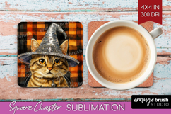 Halloween Cat Square Coaster - Witch Hat Coaster PNG Product Image 1