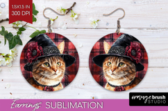 Halloween Cat Round Earrings - Witch Hat PNG Sublimation Product Image 1