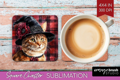 Halloween Cat Square Coaster - Witch Hat Coaster PNG Product Image 1