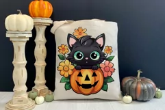 Halloween Cat With Carved Pumpkin Printable PNG Product Image 2