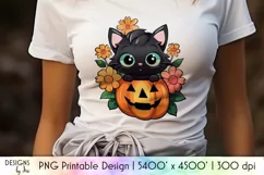 Halloween Cat With Carved Pumpkin Printable PNG Product Image 1