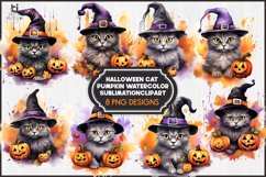 Halloween Cat Pumpkin Watercolor Sublimation PNG Clipart Product Image 1