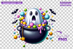 halloween cauldron candy ghost png, ghost with candy clipart, cute halloween sublimation, spooky cauldron ghost png, kawaii halloween candy ghost, halloween sublimation clipart, magical ghost with cauldron, halloween candy design, ghost trick or treat png
