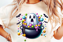 halloween cauldron candy ghost png, ghost with candy clipart, cute halloween sublimation, spooky cauldron ghost png, kawaii halloween candy ghost, halloween sublimation clipart, magical ghost with cauldron, halloween candy design, ghost trick or treat png