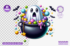 halloween cauldron candy ghost png, ghost with candy clipart, cute halloween sublimation, spooky cauldron ghost png, kawaii halloween candy ghost, halloween sublimation clipart, magical ghost with cauldron, halloween candy design, ghost trick or treat png