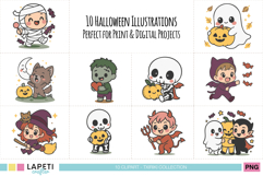 Set of 10 chibi Halloween illustrations with cute characters for print and digital crafts.