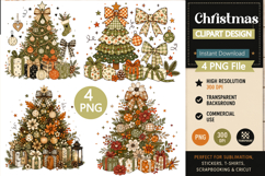 Cozy Christmas Tree Clipart PNG,Vintage Holiday Tree Clipart Product Image 1