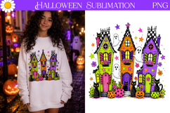 Haunted Houses PNG | Neon Halloween Sublimation Art Product Image 1