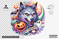 halloween werewolf clipart png, creepy comforts halloween png, cute spooky werewolf design, halloween sublimation file, halloween animal clipart, halloween creature png, werewolf printable art, halloween moonlight design, halloween png download, spooky we