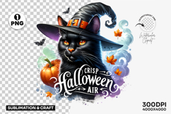 Halloween clipart, crisp air autumn PNG, black cat witch hat, fall season clipart, spooky Halloween PNG, watercolor Halloween art, Halloween sublimation design, pumpkin clipart, witch cat illustration, printable Halloween art, Halloween sticker PNG, t-shi