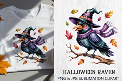 Halloween Crow PNG Sublimation featuring a whimsical crow in a purple witch hat and scarf, sitting on a tree branch with falling autumn leaves. Perfect for Halloween sublimation projects such as t-shirts, mugs, tote bags, pillows, stickers, party invitati