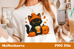 Cute Halloween Clipart | Black Cat Pumpkin Coffee PNG Product Image 1