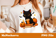 Cute Halloween Clipart | Black Cat Pumpkin Coffee PNG Product Image 1