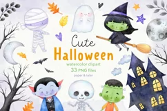 Watercolor Halloween Clipart, Cute Halloween Monsters PNG Product Image 1