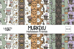 Halloween digital paper pack with cute kawaii animals, ghosts, pumpkins and bats in pastel colors.