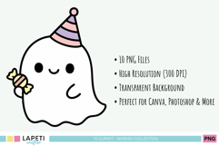 Kawaii pastel Halloween ghost holding candy and wearing a striped party hat, perfect for kids’ spooky projects.