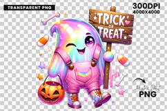 halloween cute ghost trick or treat png, halloween ghost clipart sublimation, kawaii halloween ghost design, trick or treat ghost printable, spooky cute halloween png, halloween candy ghost artwork, halloween ghost with pumpkin clipart, halloween kids gho