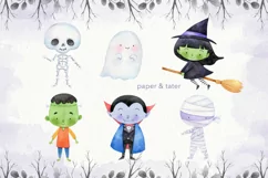 Watercolor Halloween Clipart, Cute Halloween Monsters PNG Product Image 5