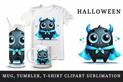 Halloween cute monster dressed in neon blue superhero cape standing print 20 oz tumbler skinny mug wrap clipart t-shirt sublimation printable design