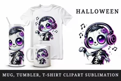 Halloween cute zombie skeleton wearing neon purple headphones dancing print 20 oz tumbler mug wrap clipart printable sublimation design png