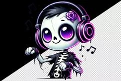 Halloween cute zombie skeleton wearing neon purple headphones dancing print 20 oz tumbler mug wrap clipart printable sublimation design png