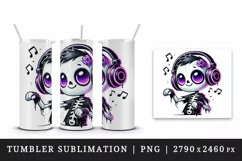 Halloween cute zombie skeleton wearing neon purple headphones dancing print 20 oz tumbler mug wrap clipart printable sublimation design png