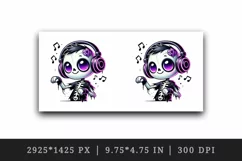 Halloween cute zombie skeleton wearing neon purple headphones dancing print 20 oz tumbler mug wrap clipart printable sublimation design png