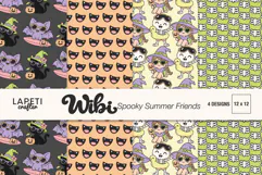 Four Halloween digital papers with bats black cats skeletons and vampire fangs