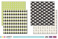 Halloween digital papers with cauldrons, green zombies, black cats and spider webs in spooky style.