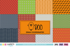 Set of 12 Halloween digital papers in A4 size featuring fun patterns with pumpkins, bats, ghosts, and spooky eyes in orange, black, green, and white tones.
