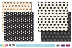 Halloween digital papers with pumpkins, eyeballs and spiders in black and orange seamless patterns.