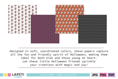 Close-up of adorable chibi Halloween patterns in coordinated soft tones.