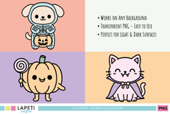 Kawaii pastel dog dressed as a skeleton holding a pumpkin candy bucket, cute Halloween clipart for kids.