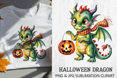Halloween Dragon Sublimation PNG — adorable baby dragon with wings, scarf, and a pumpkin jack-o’-lantern bucket. Perfect for sublimation on t-shirts, mugs, tote bags, pillows, invitations, stickers, and other Halloween crafts.