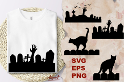 Halloween silhouette SVG, black cat, cemetery, gravestones Product Image 1