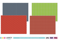 Set of Halloween digital papers showing devil fork pattern, spooky eyes on green, ghost faces, and trick or treat text design in orange and navy blue.