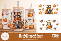 Trendy Halloween Raccoon sublimation design being used as a trendy fall and halloween glass can print