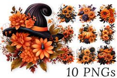 Halloween Flower Clipart - 10 Orange and Black Floral PNGs Product Image 1